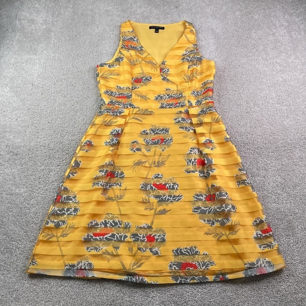 Banana Republic Dress Womens 6 Yellow Floral Stripe Fit and‎ Flare Sheer V Neck